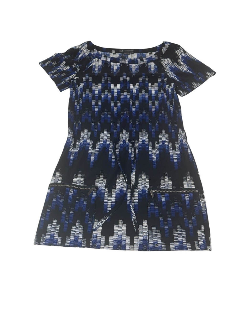 A|X Armani Exchange Cinched Waist Tunic Mini Dress Black White Blue Small Petite